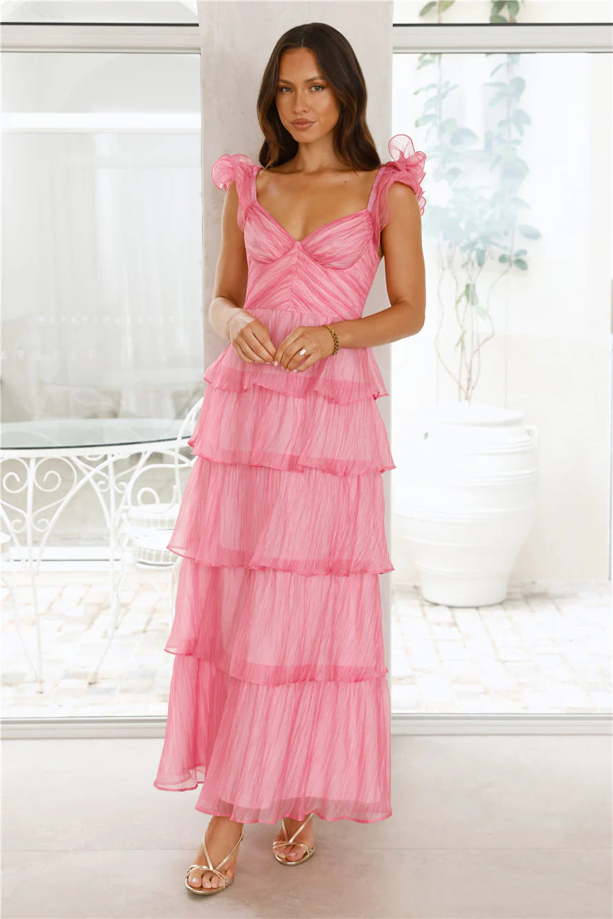 Pink Ruffle Strap Sweetheart Tiered Maxi Evening Dresses