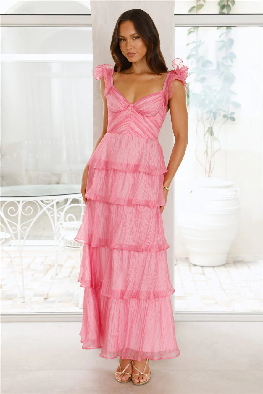 Pink Ruffle Strap Sweetheart Tiered Maxi Evening Dresses