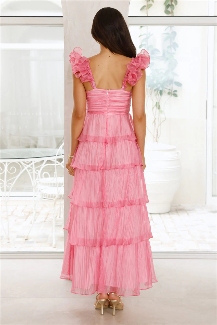 Pink Ruffle Strap Sweetheart Tiered Maxi Evening Dresses