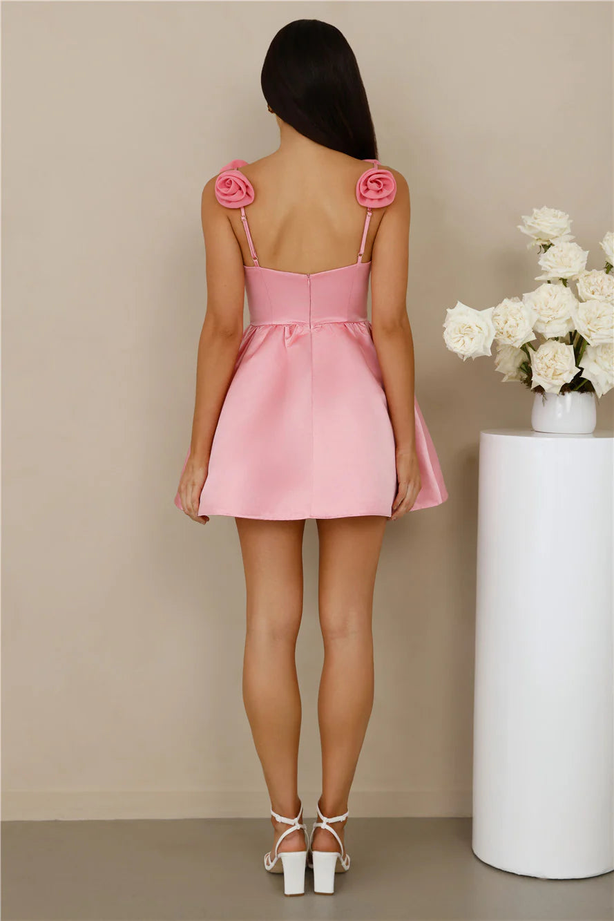 Pink Satin 3D Rose Strap Cutout A-Line Homecoming Dresses