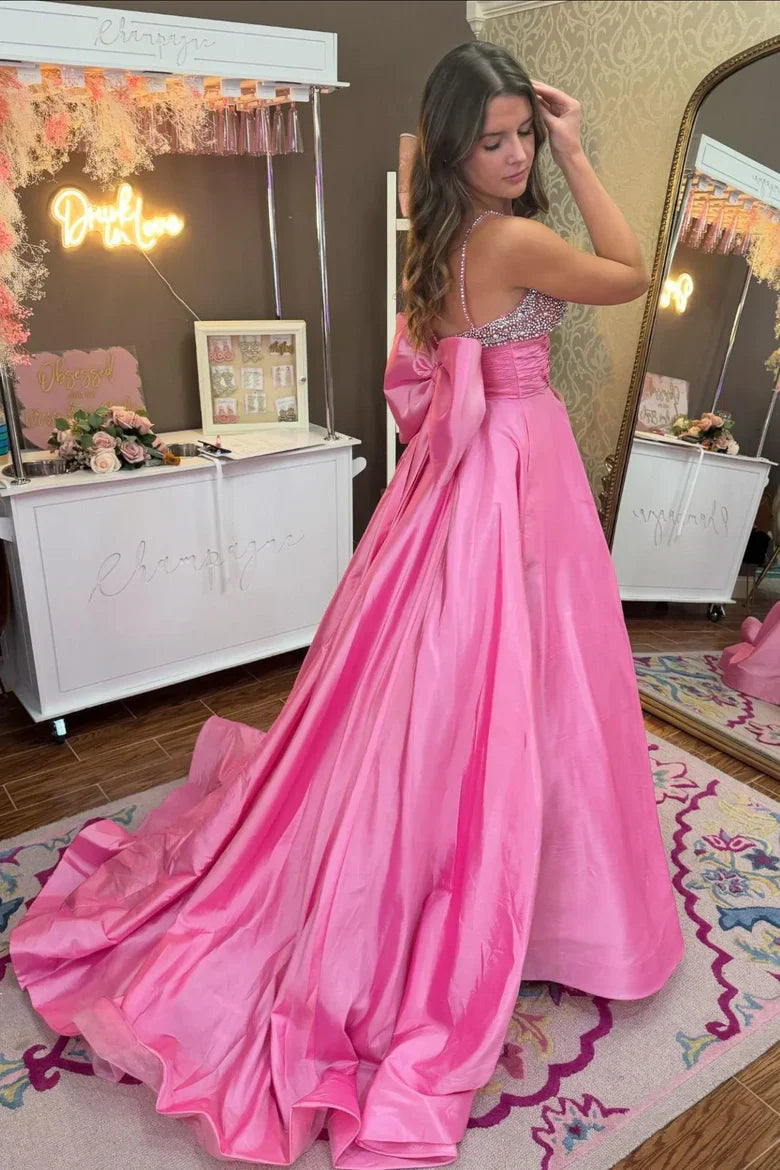 Pink Satin Ball Gown Prom Dress with Beaded Bodice and Oversized Back Bow