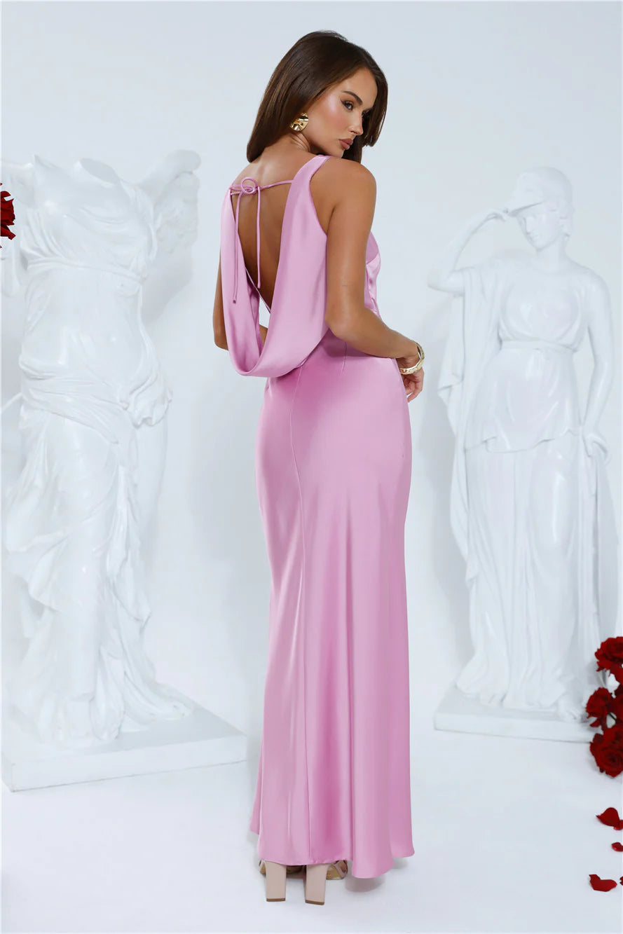 Pink Satin Cowl Back Ruched Slit Maxi Evening Dresses