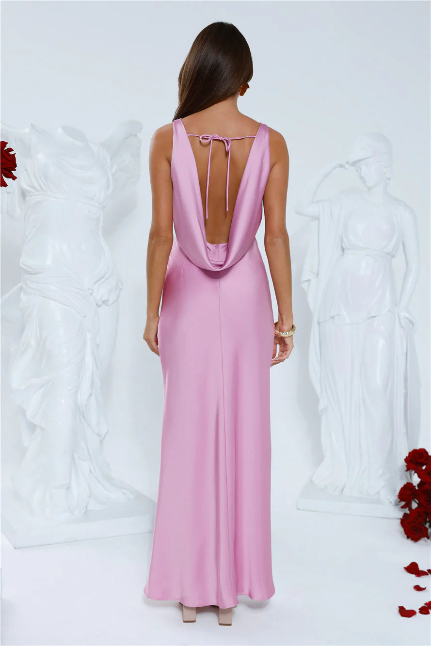 Pink Satin Cowl Back Ruched Slit Maxi Evening Dresses
