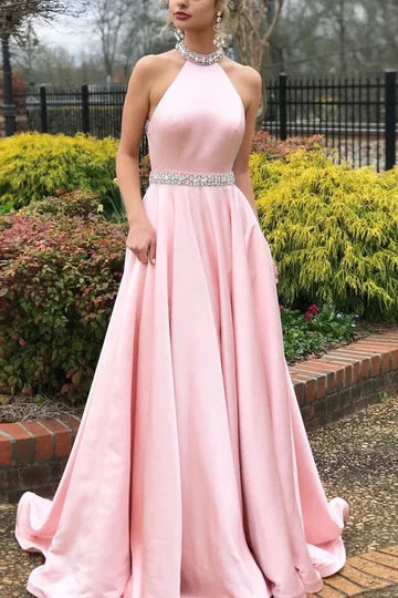 Pink Satin Halter Beaded Open Back Ball Gown Prom Dress For Parties