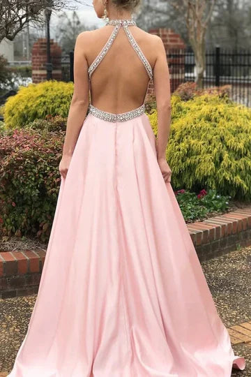 Pink Satin Halter Beaded Open Back Ball Gown Prom Dress For Parties