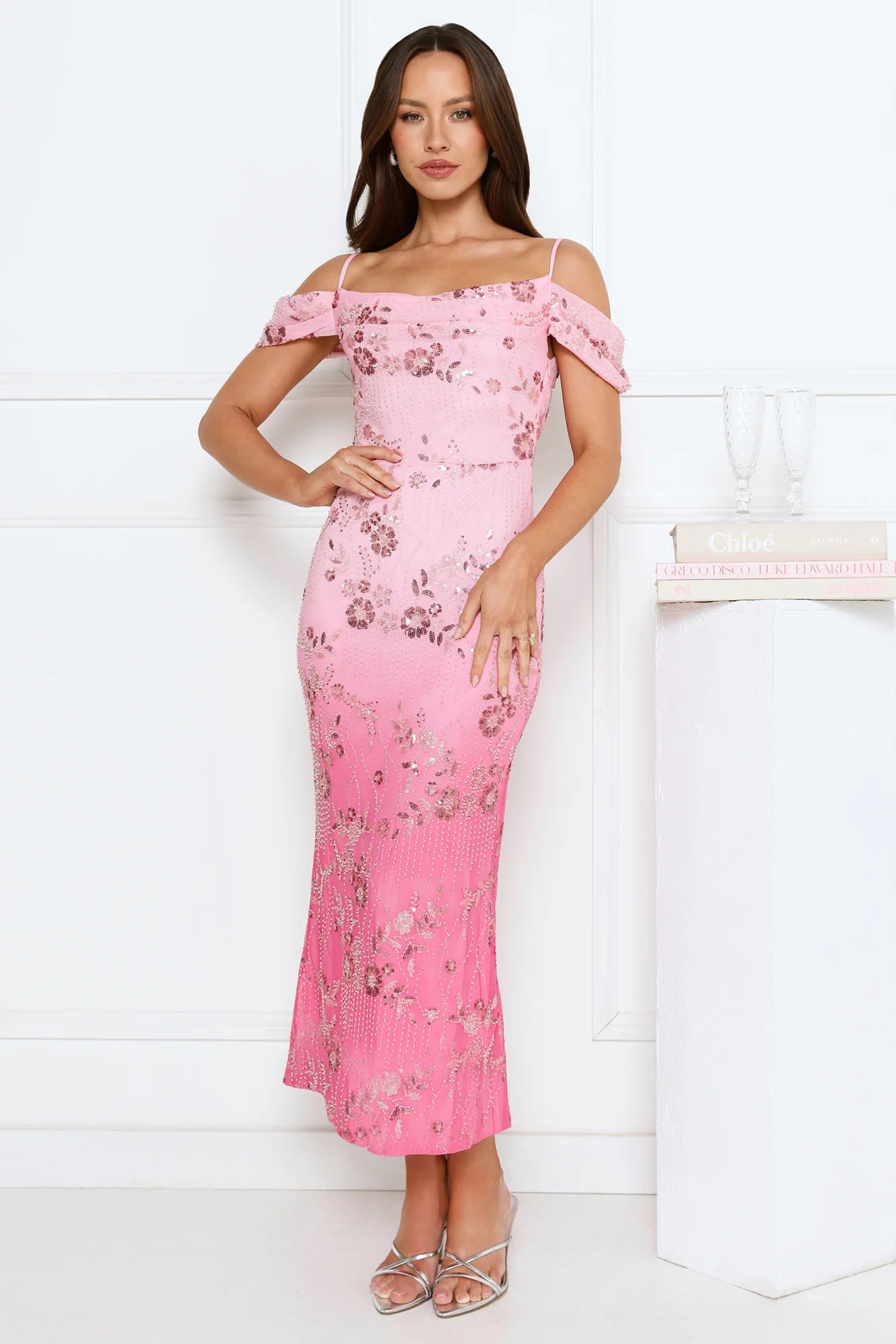 Pink Sequin Floral Off-the-Shoulder Midi Evening Dresses with Tie Back