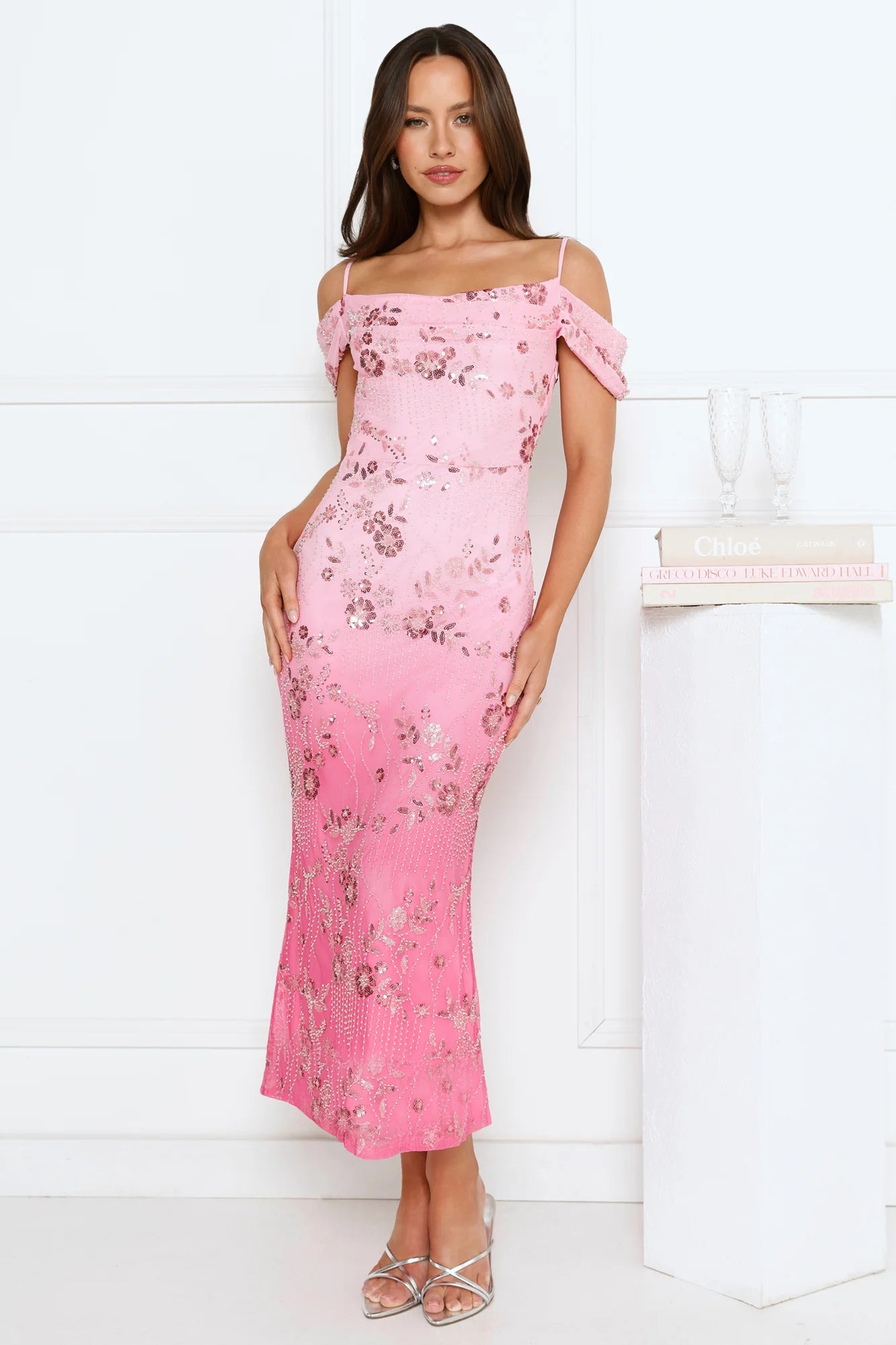 Pink Sequin Floral Off-the-Shoulder Midi Evening Dresses with Tie Back