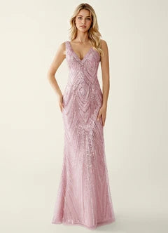 Pink Sequin Mermaid Open Back Evening Dresses