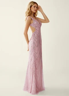 Pink Sequin Mermaid Open Back Evening Dresses