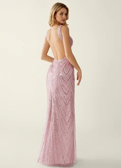Pink Sequin Mermaid Open Back Evening Dresses