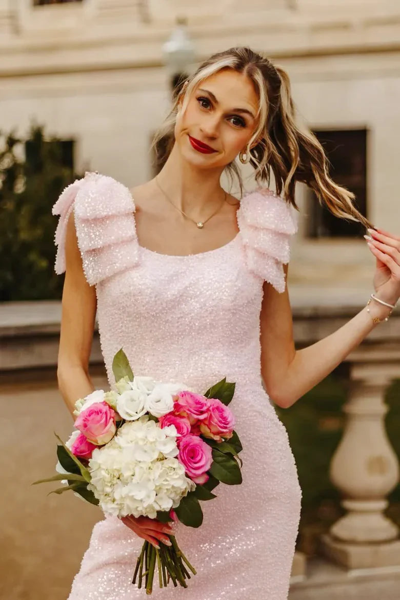 Pink Sequin Mermaid Prom Dress with Ruffle Shoulder Straps and High Slit