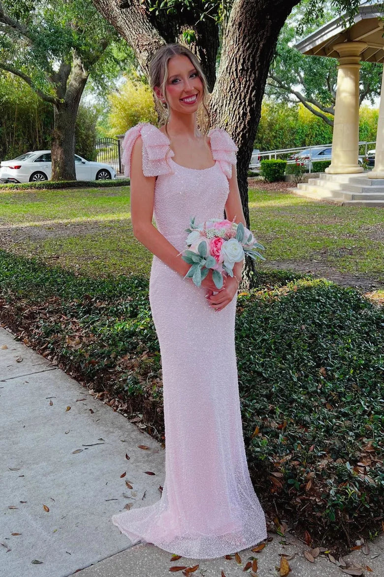 Pink Sequin Mermaid Prom Dress with Ruffle Shoulder Straps and High Slit