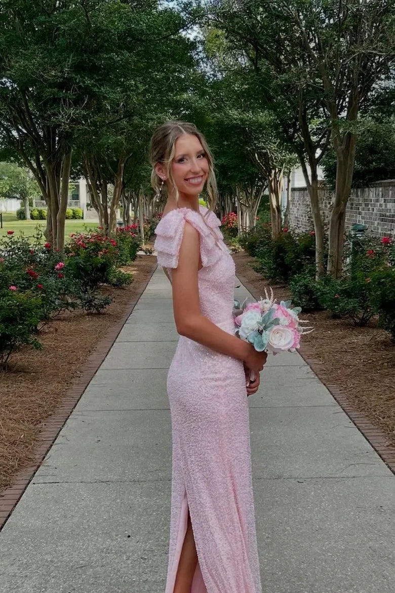 Pink Sequin Mermaid Prom Dress with Ruffle Shoulder Straps and High Slit