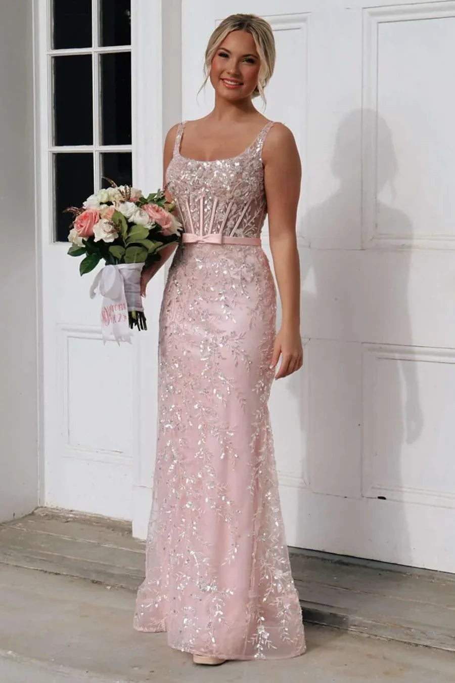 Pink Sequin Square Neck Mermaid Prom Dress with Sheer Corset Back