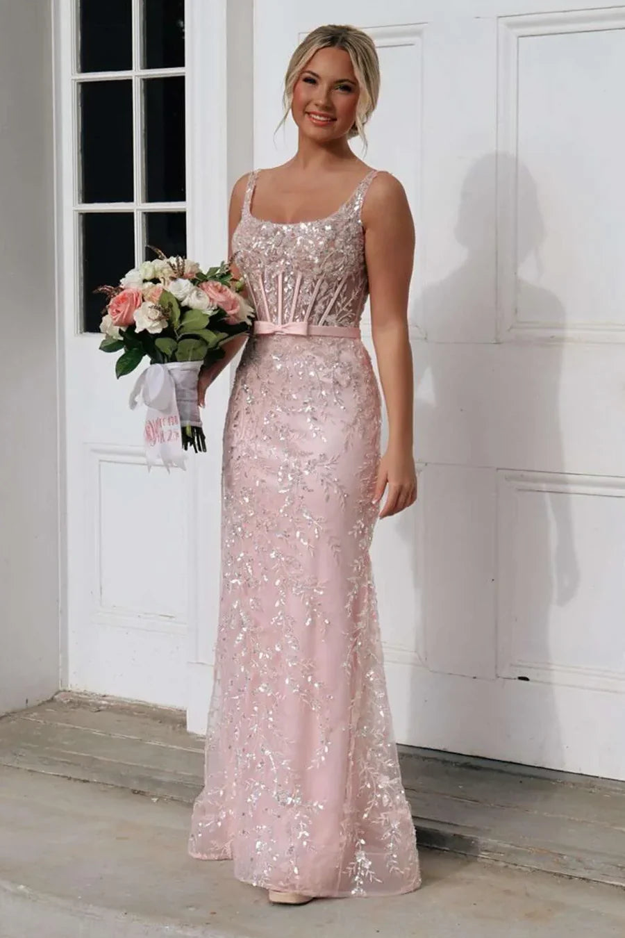 Pink Sequin Square Neck Mermaid Prom Dress with Sheer Corset Back