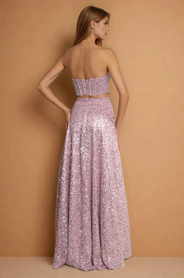 Pink Sequin Two Piece Strapless Evening Dresses