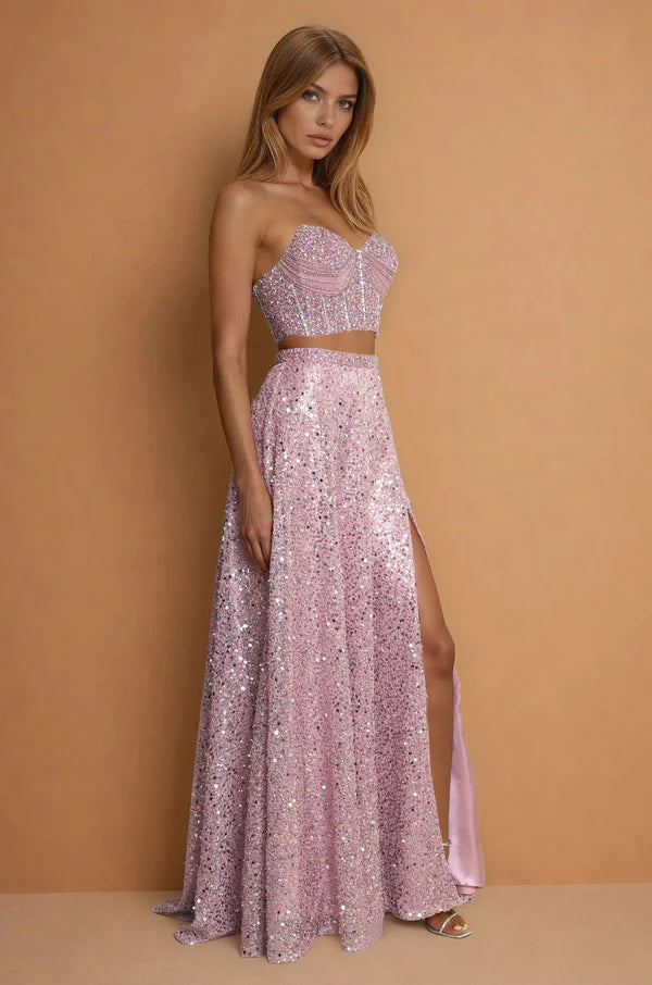 Pink Sequin Two Piece Strapless Evening Dresses