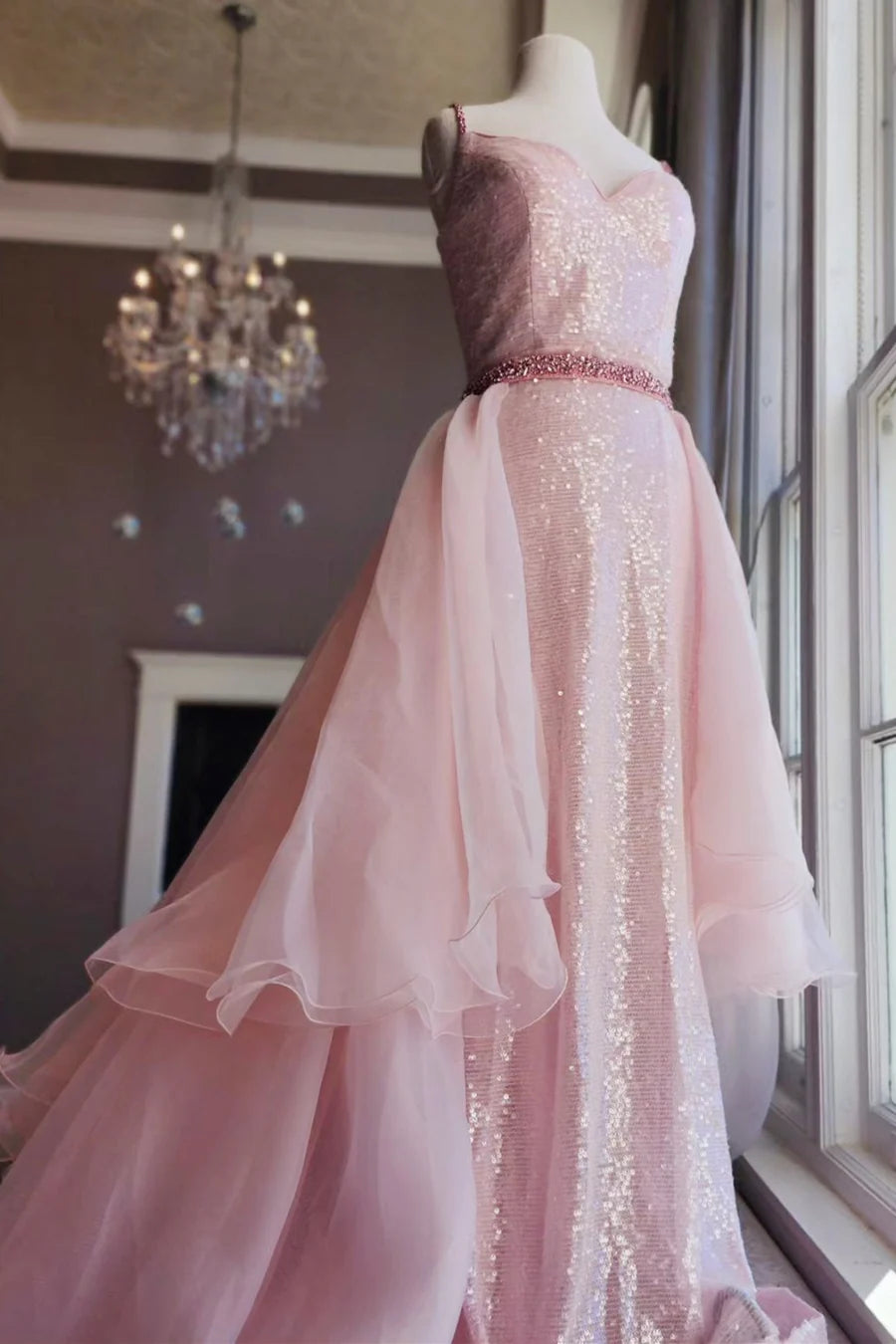 Pink Sequin V-Neck Backless Long Formal Dress with Attached Train