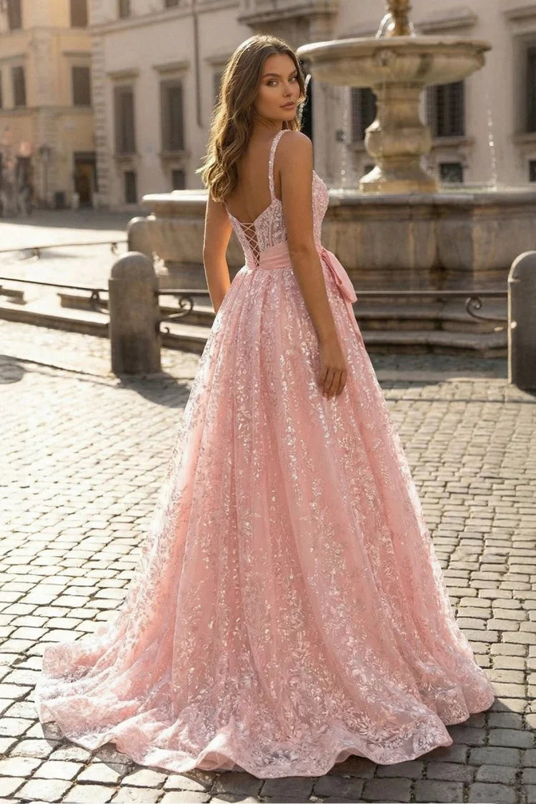 Pink Spaghetti Strap Sequin Bow Evening Dresses