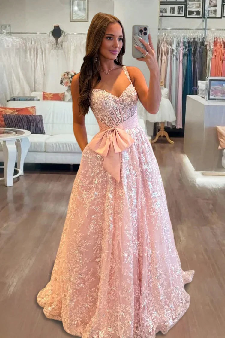 Pink Spaghetti Strap Sequin Bow Evening Dresses
