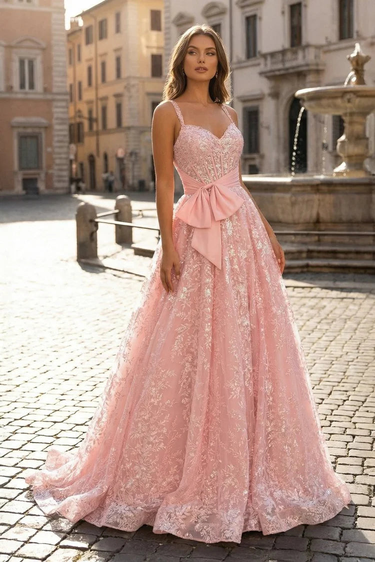 Pink Spaghetti Strap Sequin Bow Evening Dresses