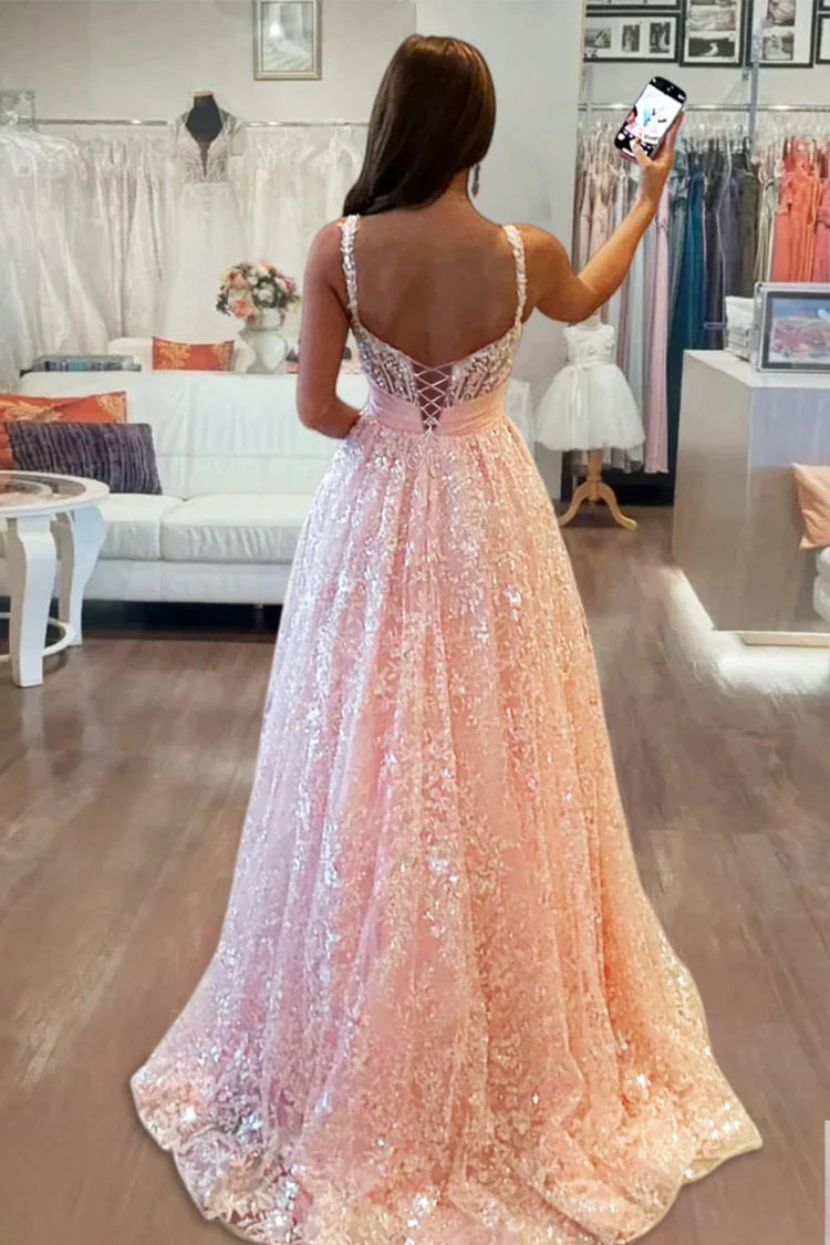 Pink Spaghetti Strap Sequin Bow Evening Dresses