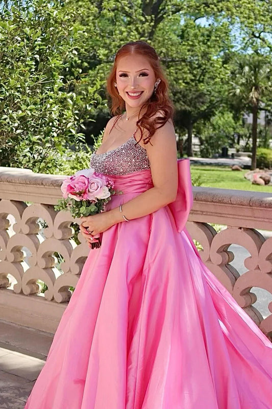 Pink Spaghetti Straps Beads Empire-Waist Pleated Formal Prom Dress with Bow