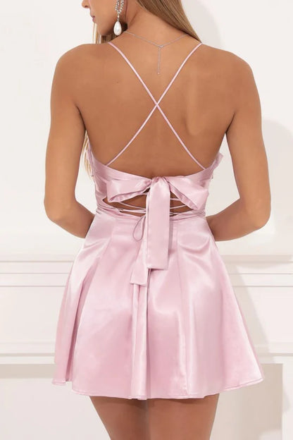Pink Spaghetti Straps Scoop Pleats Satin Short Cocktail Homecoming Dress