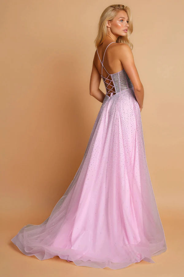 Pink Sparkle Tulle Spaghetti Strap Corset Lace-Up Back Slit Maxi Evening Dresses