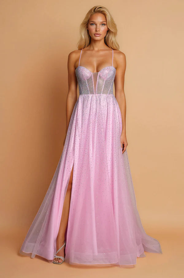 Pink Sparkle Tulle Spaghetti Strap Corset Lace-Up Back Slit Maxi Evening Dresses
