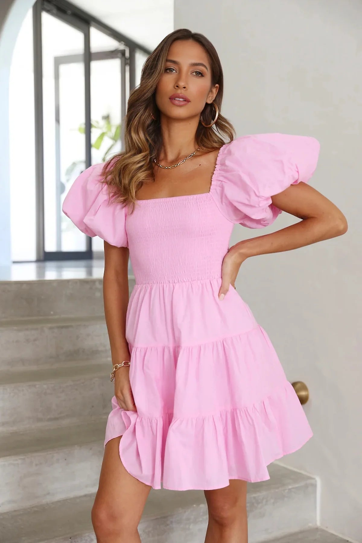 Pink Square Neck Puff Sleeve Tiered Skirt Homecoming Dresses