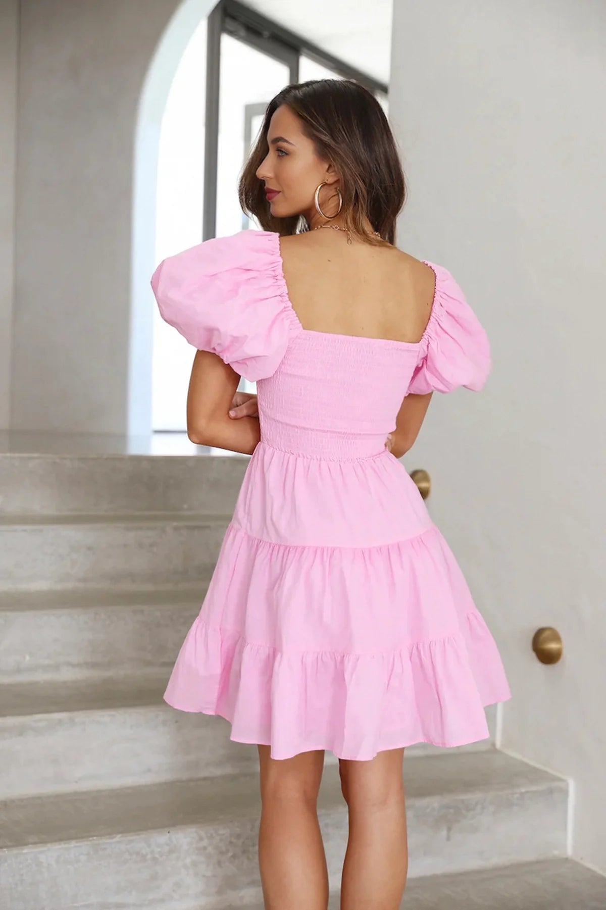 Pink Square Neck Puff Sleeve Tiered Skirt Homecoming Dresses