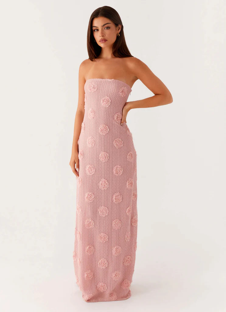 Pink Strapless 3D Floral Textured Maxi Evening Dresses