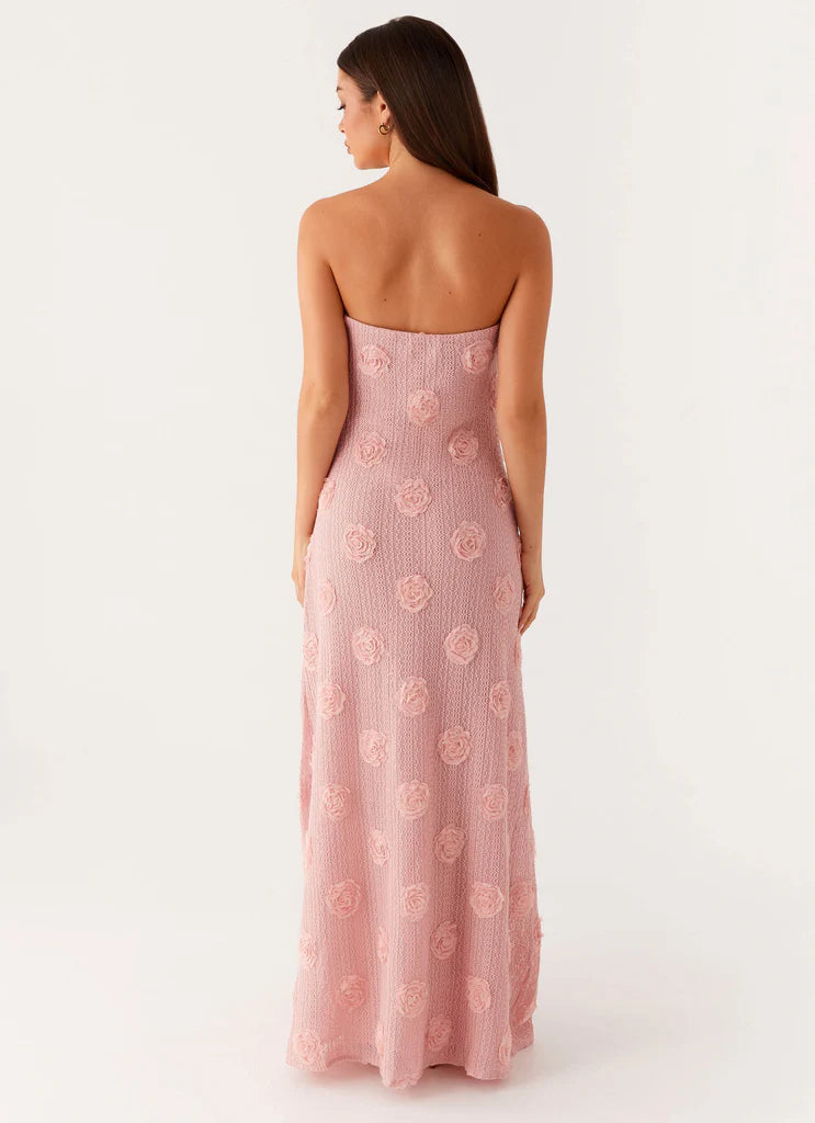 Pink Strapless 3D Floral Textured Maxi Evening Dresses