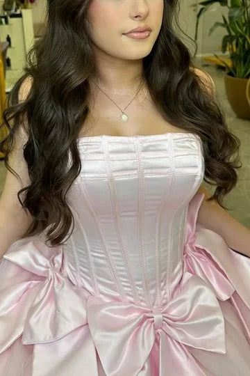 Pink Strapless A-Line Empire-Waist with Bows Pleated Short Homecoming Dress