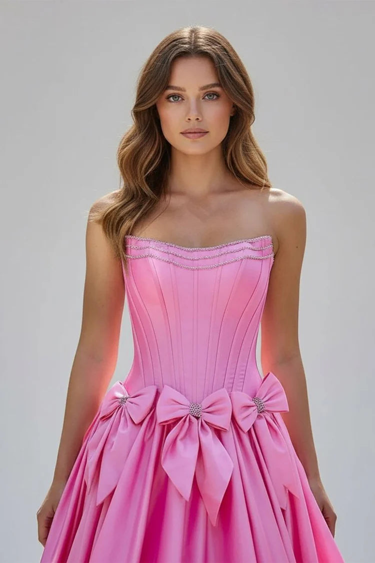 Pink Strapless Bow Tiered Evening Dresses