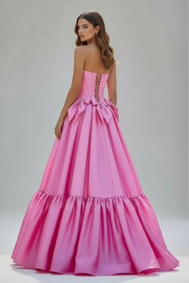 Pink Strapless Bow Tiered Evening Dresses