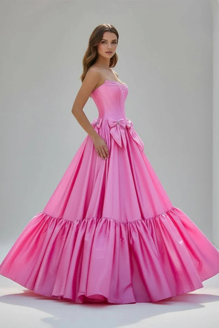 Pink Strapless Bow Tiered Evening Dresses