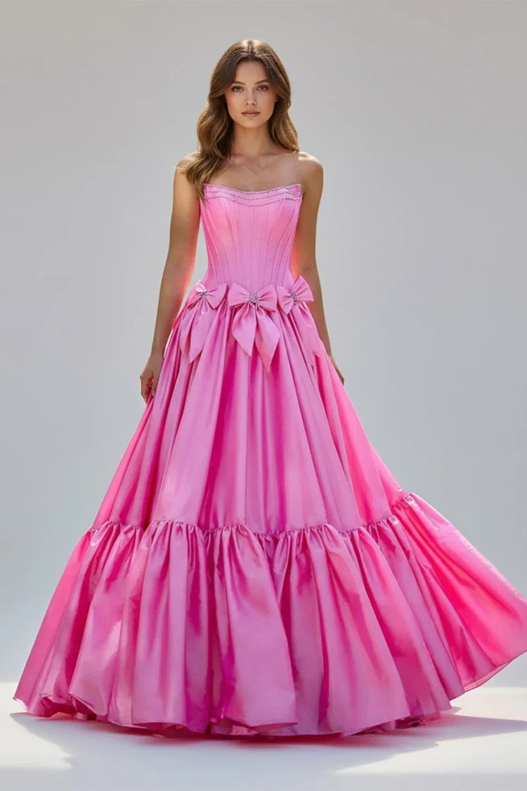 Pink Strapless Bow Tiered Evening Dresses