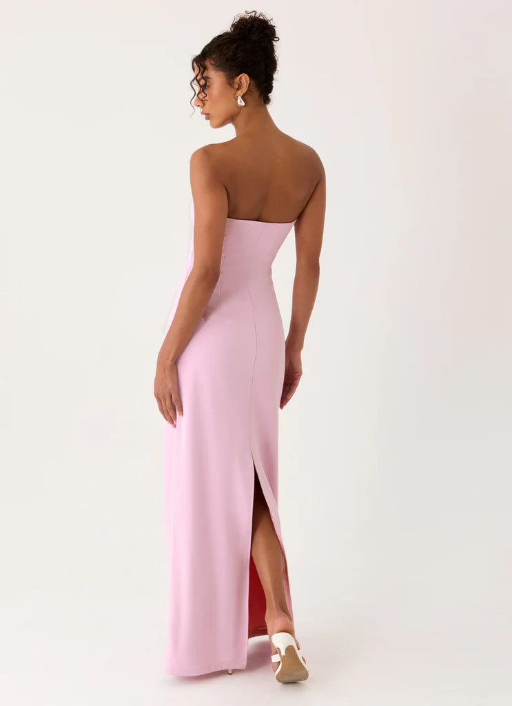 Pink Strapless Floral Applique Back Slit Maxi Evening Dresses