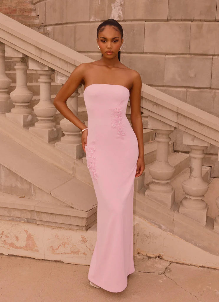 Pink Strapless Floral Applique Back Slit Maxi Evening Dresses