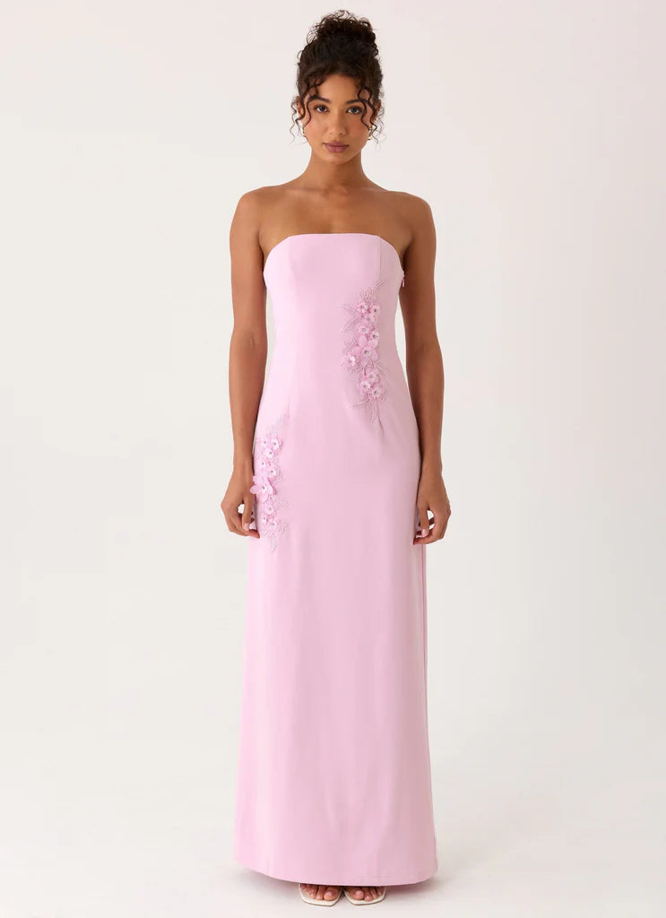 Pink Strapless Floral Applique Back Slit Maxi Evening Dresses