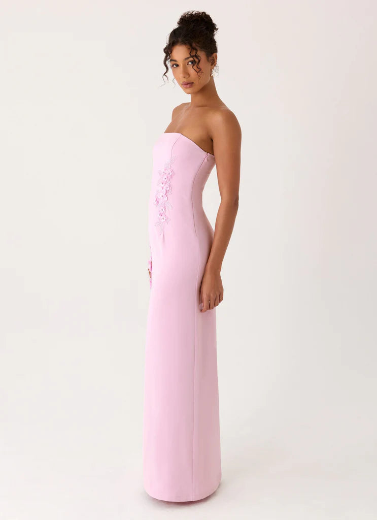 Pink Strapless Floral Applique Back Slit Maxi Evening Dresses