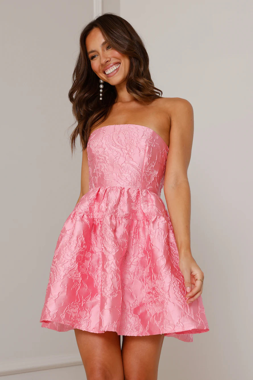 Pink Strapless Floral Jacquard A-Line Homecoming Dresses