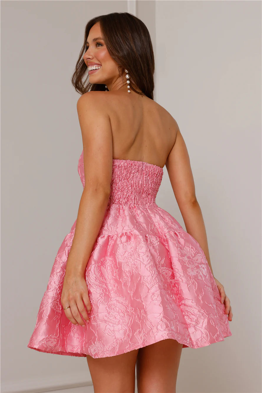 Pink Strapless Floral Jacquard A-Line Homecoming Dresses