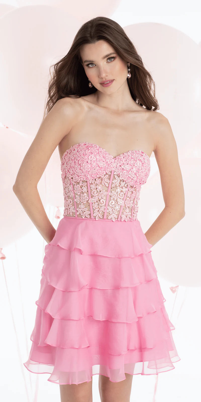 Pink Strapless Lace Appliqué Corset Tiered Ruffle Mini Evening Dresses