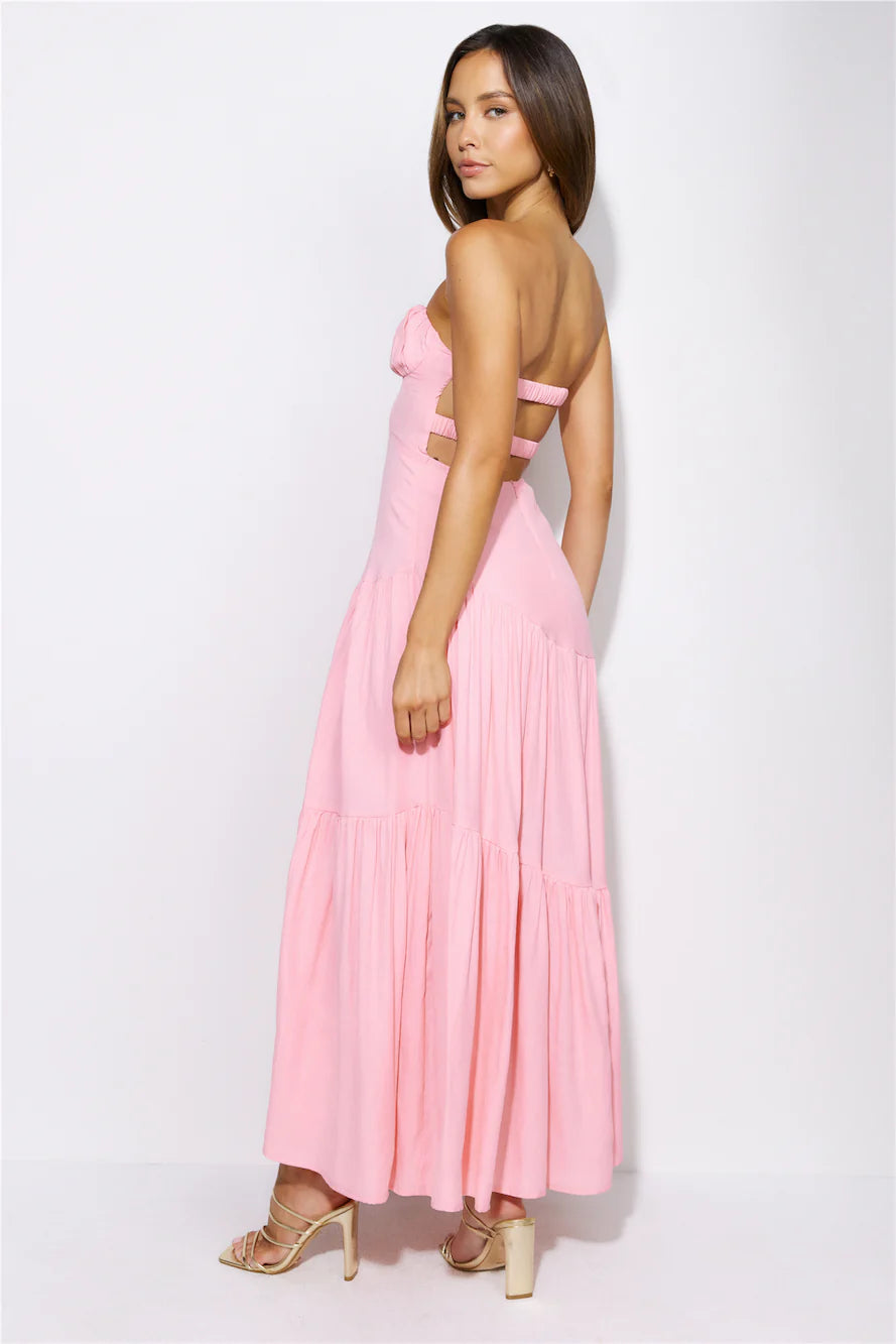 Pink Strapless Ruched Tiered Back Cutout Maxi Evening Dresses
