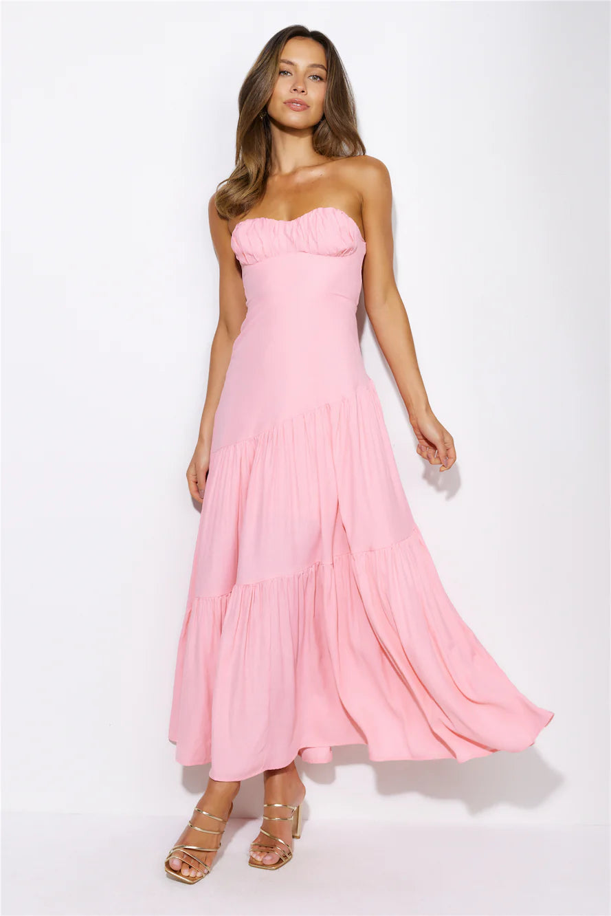 Pink Strapless Ruched Tiered Back Cutout Maxi Evening Dresses