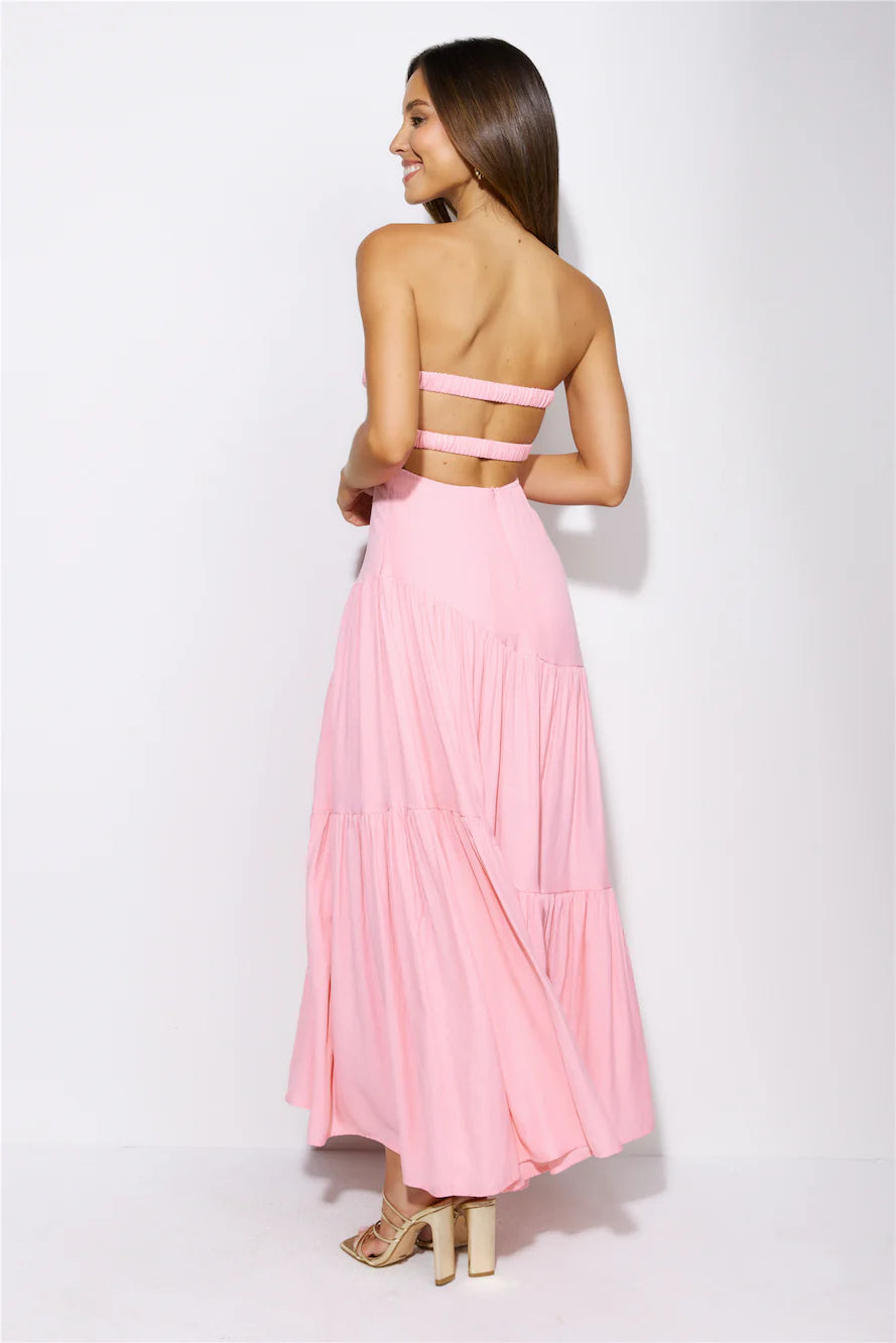 Pink Strapless Ruched Tiered Back Cutout Maxi Evening Dresses