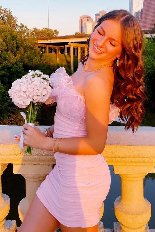 Pink Strapless Ruffles Pleated Mini Sleeveless Homecoming Party Dress